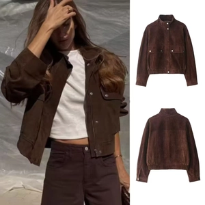 Veste Bomber en Suédine Vintage pour Femme Col Montant Fermeture Éclair Décontractée Poche Cargo Manteau Café Streetwear