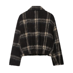 Classic black and white plaid wool jacket for women with a vintage boxy cropped fit