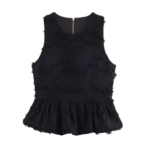 Elegant Sleeveless Peplum Top Frayed Fringe Detail Round Neck Slim Fit Zipper Back Solid Color Autumn Party Top Women