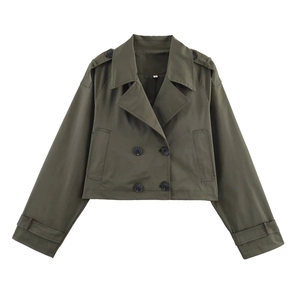 Olive green double-breasted cropped trench coat for women with classic shoulder epaulettes