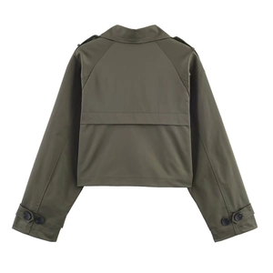 Back view of army green cropped utility jacket with shoulder straps and storm flap detail
