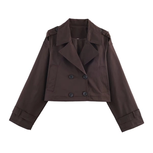 Women's dark brown cropped trench jacket with double-breasted buttons and epaulettes