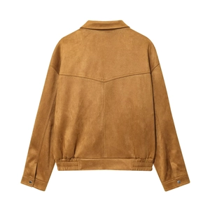 Brown faux suede bomber jacket with drop shoulder design and back V-seam stitching