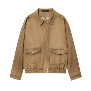 Minimalist camel suede texture bomber jacket with flap pockets and lapel collar design