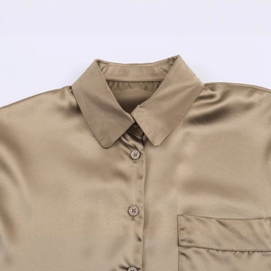 Women's long sleeve satin shirt with chest pocket and lapel collar in champagne gold