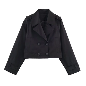 Classic black double-breasted short trench coat with wide lapels and shoulder epaulettes