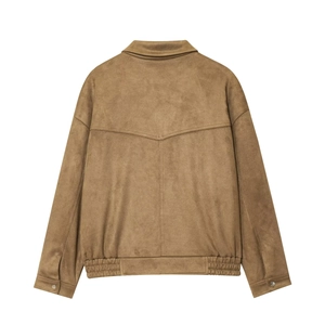 Detail view of the tan faux suede jacket back with V-shaped stitching and elastic hem