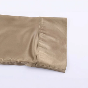 Women's satin coffee long sleeve shirt featuring wide cuffs with smooth silk texture