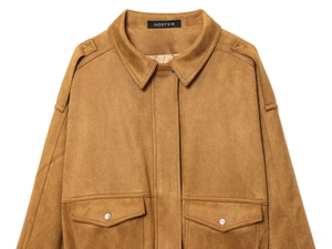 Detail of brown faux suede bomber jacket showing pointed collar and metallic snap buttons
