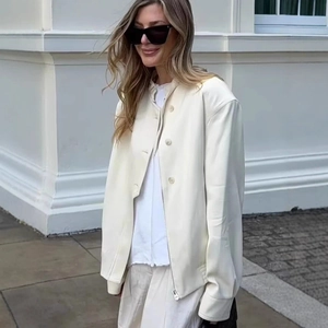 Minimalist off-white leather jacket with button closure and stand collar for women
