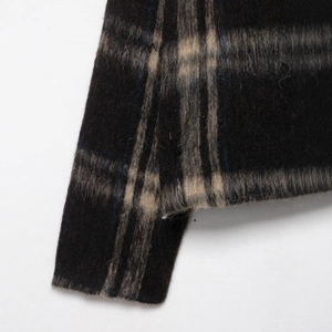 Minimalist plaid wool jacket for women featuring premium mohair texture in dark brown