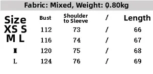 Detailed size chart for women's loose reversible jacket with fabric specs and weight