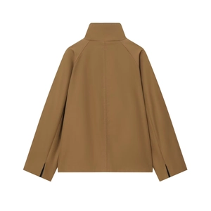 Back view of minimalist khaki long sleeve coat with stand collar and raglan sleeves
