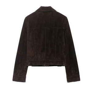 Women's dark brown faux suede short jacket with back stitching and flat lay styling