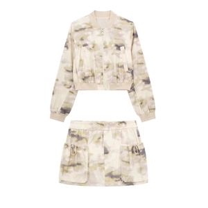 Streetwear pour Femmes Veste Bomber Imprimée en Polyester et Mini-jupe Cargo Tie-Dye Camouflage Décontracté Top et Bottom