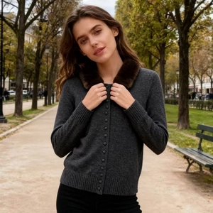 Women's Casual Knit Cardigan With Faux Fur Collar Long Sleeve Single Breasted Sweater Jacket For Autumn Winter