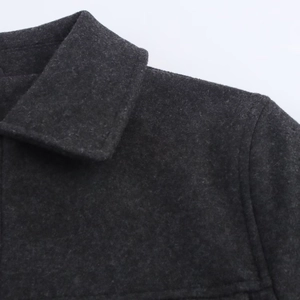 Close-up of lapel design and wool texture on a dark grey soft zipper jacket