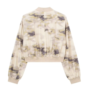 Vue arrière d'un blouson aviateur court avec imprimé camouflage aquarelle terreux