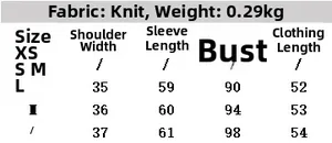 Size chart for knit cardigan featuring measurements for shoulder, sleeve, chest and length