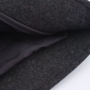 Detailed close-up of charcoal wool texture and smooth black lining on a zipper jacket