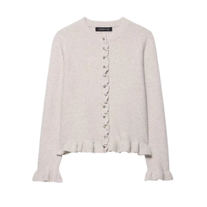Women Ruffle Trim Knitted Cardigan Single Breasted Round Neck Long Sleeve Solid Color Slim Fit Sweater Top