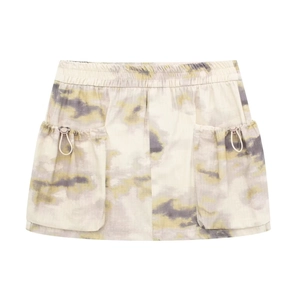 Mini-jupe cargo pour femme avec imprimé tie-dye beige et grandes poches à cordons ajustables