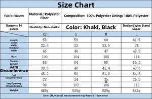 Detailed size chart for minimalist women's trench coat including measurements and weight