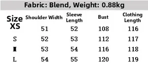 Size chart for women's long belted trench coat with chest and shoulder measurements