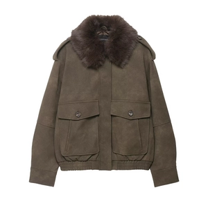 Dark brown faux suede jacket with a detachable faux fur collar and utility pockets
