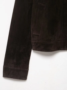 Detail view of stitched cuffs and faux suede texture on dark brown cropped jacket
