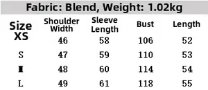 Size chart for women's faux fur jacket with shoulder, sleeve, chest and length measurements