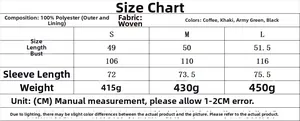 Size chart for cropped trench coat with 100% polyester fabric details and measurements