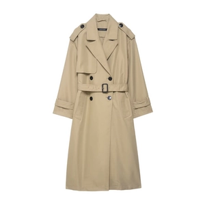 Women Classic Double Breasted Trench Coat With Belt British Style Solid Color Long Sleeve Windbreaker Outerwear For Casual Daily Office