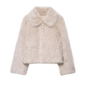 Women Elegant Off White Faux Fur Jacket Soft Warm Lapel Zip Up Shaggy Coat Regular Fit Long Sleeve Autumn Winter Outerwear