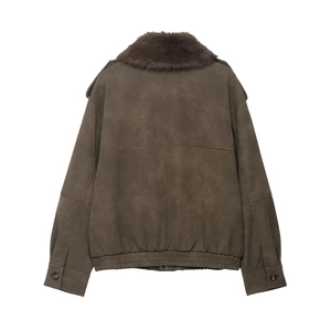 Back view of a dark brown faux suede bomber jacket featuring a thick faux fur collar