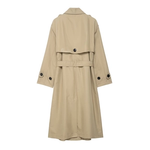 Classic khaki long trench coat for women with belted back and storm flap detail
