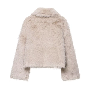 Women's faux fur jacket in light beige featuring a short cut and wide lapel back view