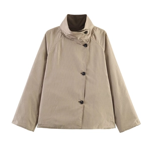 Short reversible plaid trench coat for women featuring a high collar and button closure