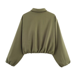 Back view of army green cropped jacket featuring elastic hem and ribbed cuffs detail