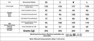 Detailed size guide table for long sleeve midi dress with measurements in cm and grams