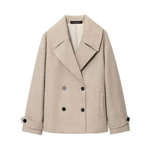 Damen Casual Zweireihiger Wollmischung Kurzmantel Haferflockenfarben Revers Langarm Lockere Passform Jacke Mit Taschen
