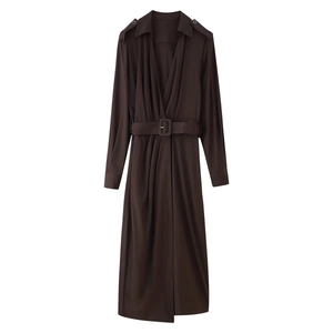 Elegant chocolate brown midi wrap dress with long sleeves, notched lapels and waist belt