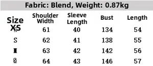 Size guide for women's faux suede jacket showing XS to L measurements and mixed fabric data