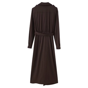 Long-sleeved dark brown midi dress with lapel collar and waist belt from the back view