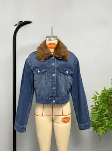 Short blue denim jacket with thick brown faux fur collar and metal buttons for women