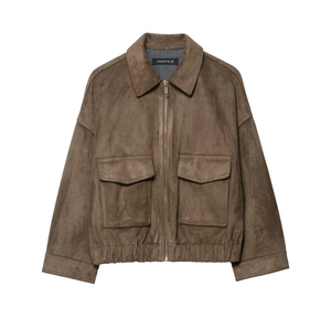 Women Casual Faux Suede Jacket Zip Up Lapel Outerwear With Cargo Pockets Solid Color Autumn Fashion Lady Commuter Coat