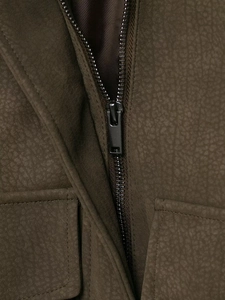 Detailed macro view of dark faux suede jacket featuring a high-quality metal zipper