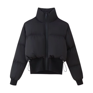 Women's black cropped puffer jacket with high collar and ribbed hem in matte finish