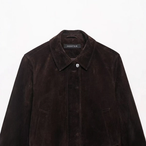 Chic dark brown faux suede short jacket for women featuring classic lapel and pockets