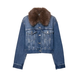 Women Casual Blue Denim Jacket With Brown Faux Fur Collar Short Cropped Jean Coat Flap Pockets Vintage Buttons Outerwear
